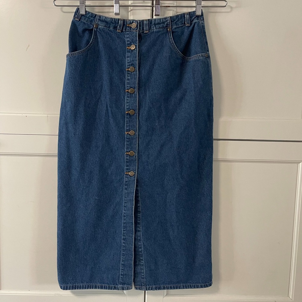 Eddie Bauer Vintage Denim Maxi Skirt Button Front Blue Cotton Womens 14